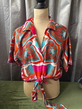 Peach Tie-Front Printed Women’s Blouse in Orange, Teal & Pink